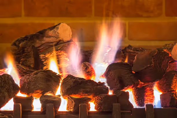 Burning coal logs with bright orange and blue flames in fireplace