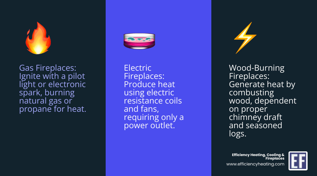 infographic showing three columns comparing gas fireplace ignition system with pilot light and thermocouple, wood-burning fireplace draft system with chimney and damper, and electric fireplace heating element with power supply and safety switches - fireplace not igniting saskatoon sk infographic 3_facts_emoji_blue infographic showing three columns comparing gas fireplace ignition system with pilot light and thermocouple, wood-burning fireplace draft system with chimney and damper, and electric fireplace heating element with power supply and safety switches - fireplace not igniting saskatoon sk infographic 3_facts_emoji_blue