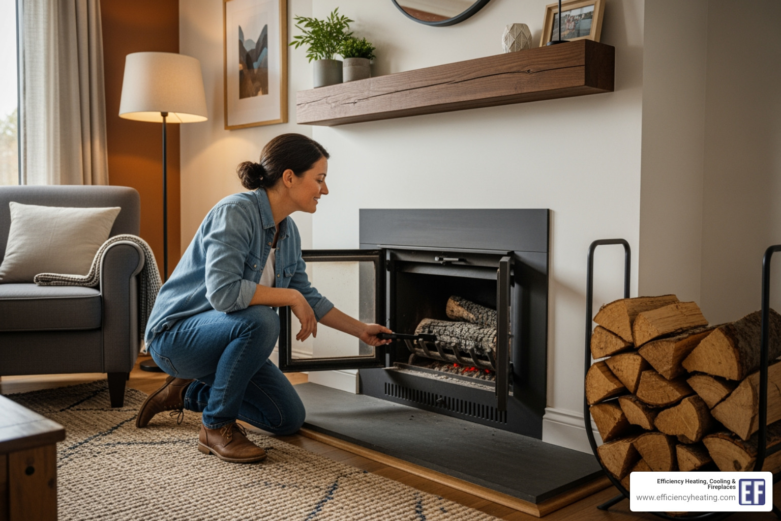 a homeowner checking the damper on a wood-burning fireplace - fireplace not igniting saskatoon sk a homeowner checking the damper on a wood-burning fireplace - fireplace not igniting saskatoon sk