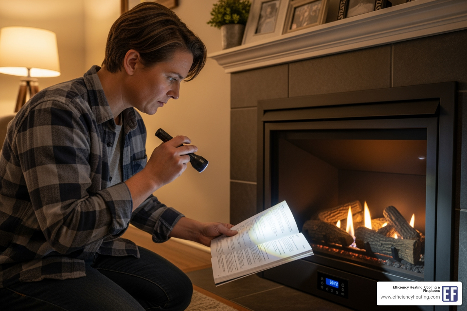 A homeowner kneeling in front of their gas fireplace, looking at the controls and operating manual with a flashlight, attempting DIY troubleshooting steps. - how to fix fireplace not igniting warman sk A homeowner kneeling in front of their gas fireplace, looking at the controls and operating manual with a flashlight, attempting DIY troubleshooting steps. - how to fix fireplace not igniting warman sk