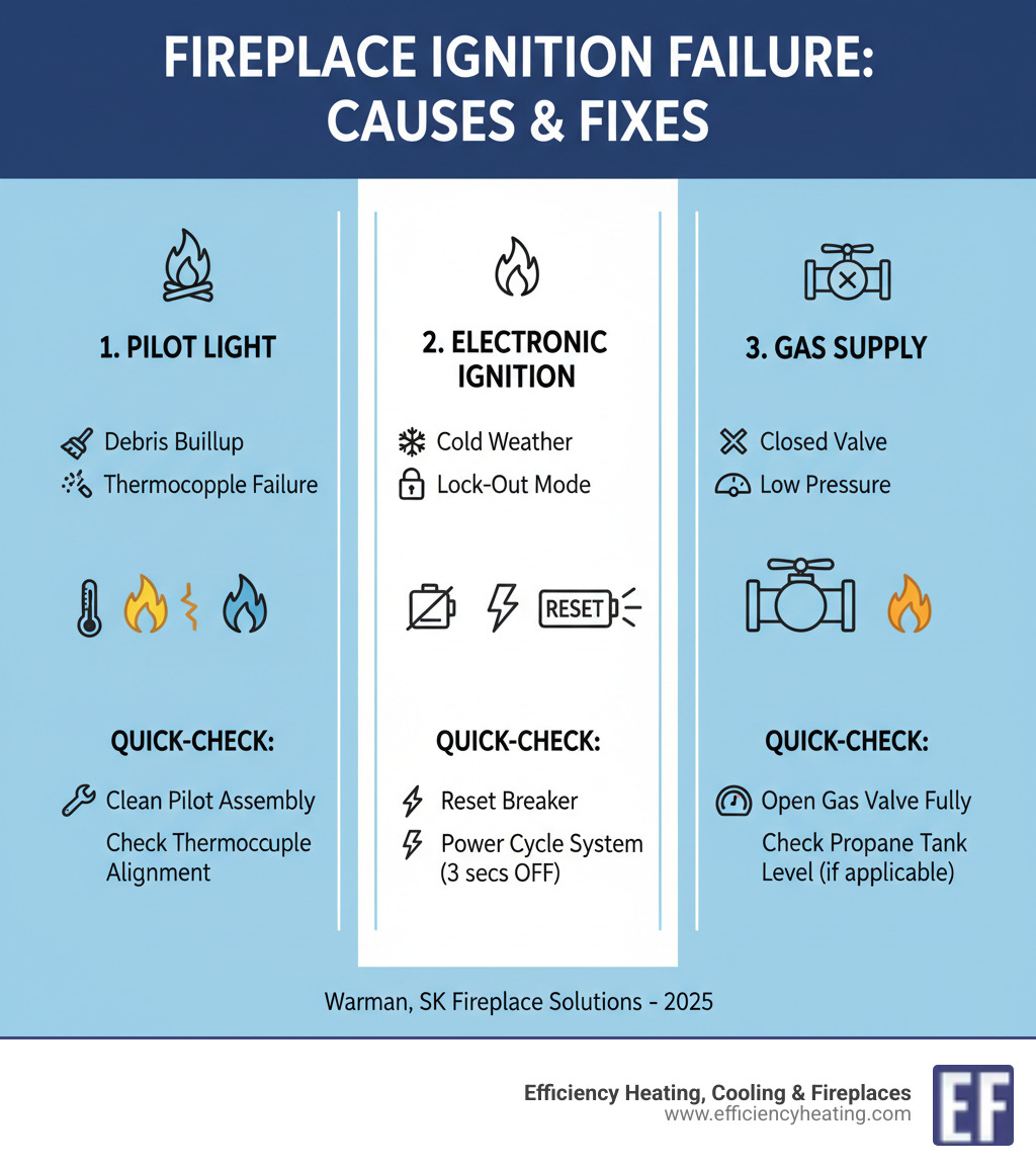 Infographic showing three main causes of fireplace ignition failure: 1) Pilot light out or weak due to debris buildup or thermocouple failure, 2) Electronic ignition problems from cold weather or lock-out mode activation, 3) Gas supply issues including closed valve or low pressure, with visual indicators for each problem and quick-check solutions - how to fix fireplace not igniting warman sk infographic  Infographic showing three main causes of fireplace ignition failure: 1) Pilot light out or weak due to debris buildup or thermocouple failure, 2) Electronic ignition problems from cold weather or lock-out mode activation, 3) Gas supply issues including closed valve or low pressure, with visual indicators for each problem and quick-check solutions - how to fix fireplace not igniting warman sk infographic