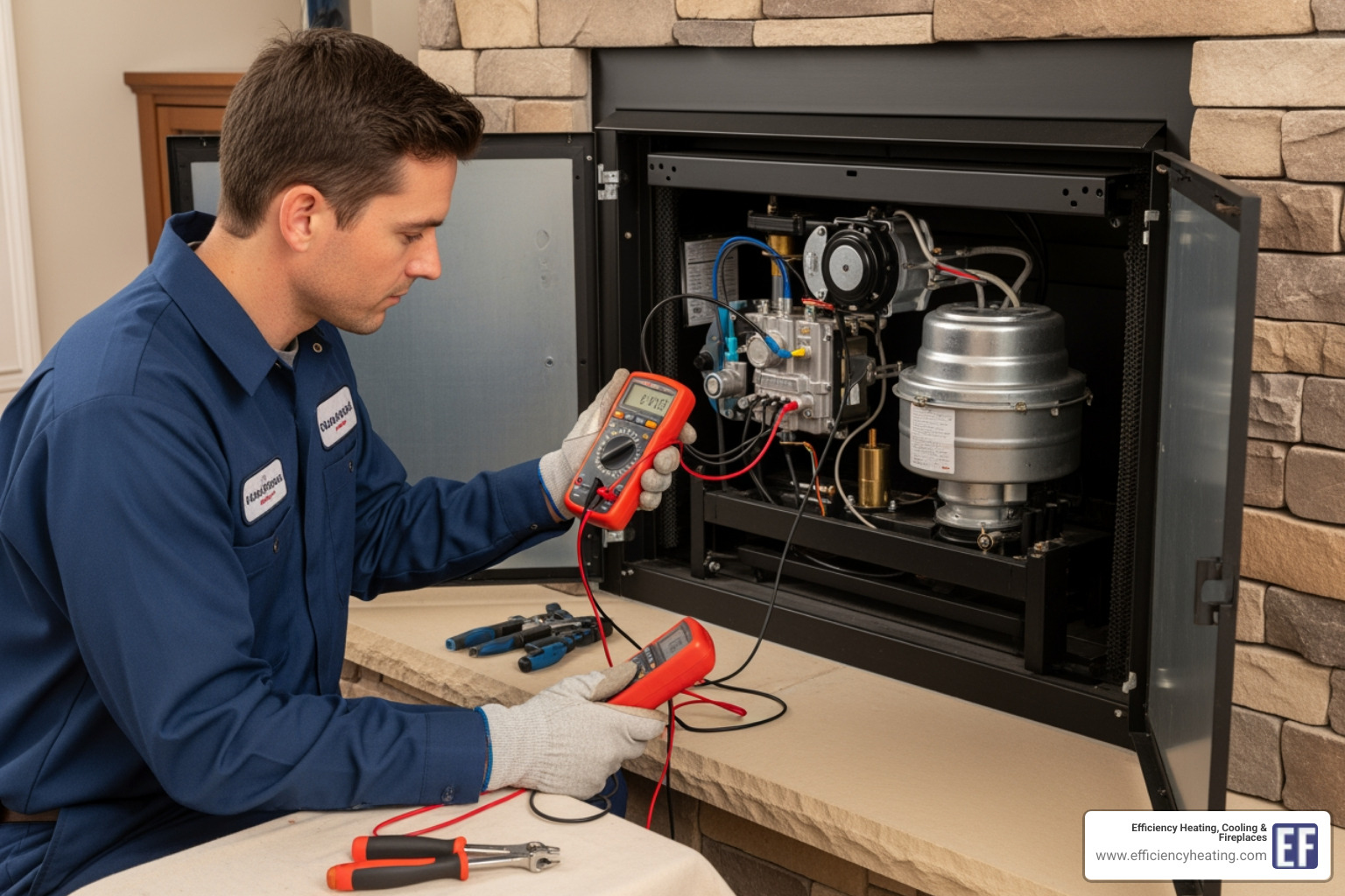 A professional HVAC technician in uniform carefully examining the internal components of a gas fireplace with a multimeter, diagnosing an issue. - how to fix fireplace not igniting warman sk A professional HVAC technician in uniform carefully examining the internal components of a gas fireplace with a multimeter, diagnosing an issue. - how to fix fireplace not igniting warman sk