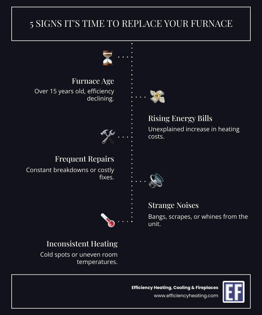 infographic showing five key signs you need furnace replacement: age over 15 years, rising energy bills, frequent repairs, inconsistent heating, and strange noises or yellow pilot light - furnace installation service saskatoon sk infographic infographic-line-5-steps-dark