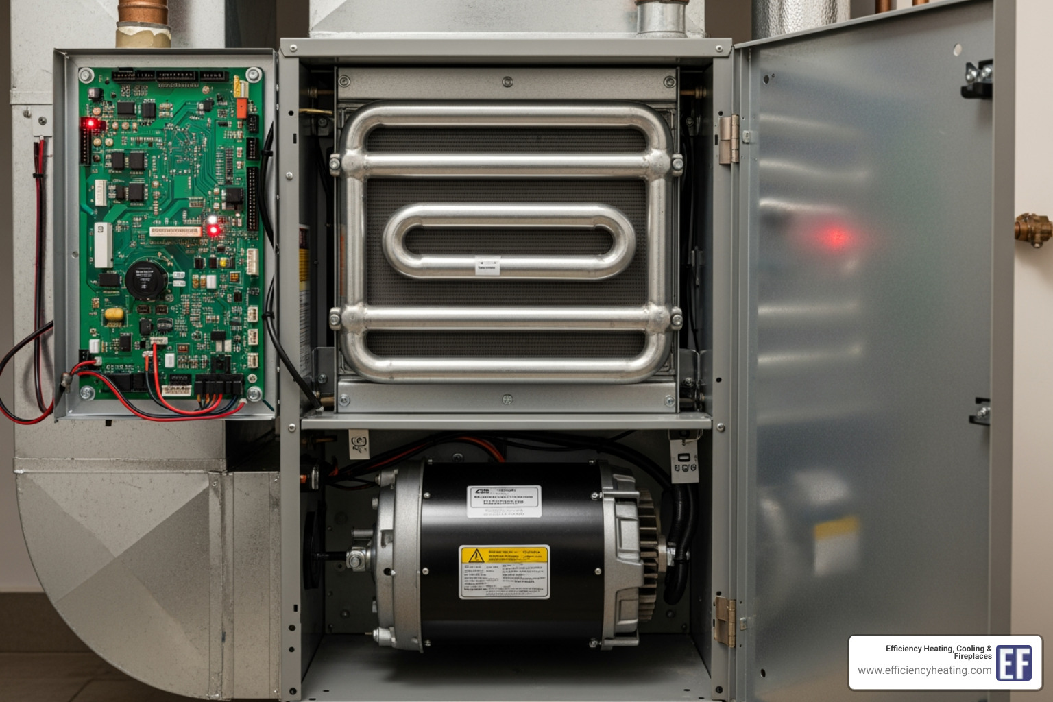 high-efficiency furnace unit with cover off showing internal components - furnace installation service saskatoon sk