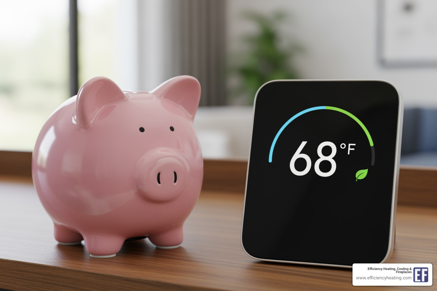 A piggy bank next to a thermostat showing an energy-saving temperature - furnace installation warman sk