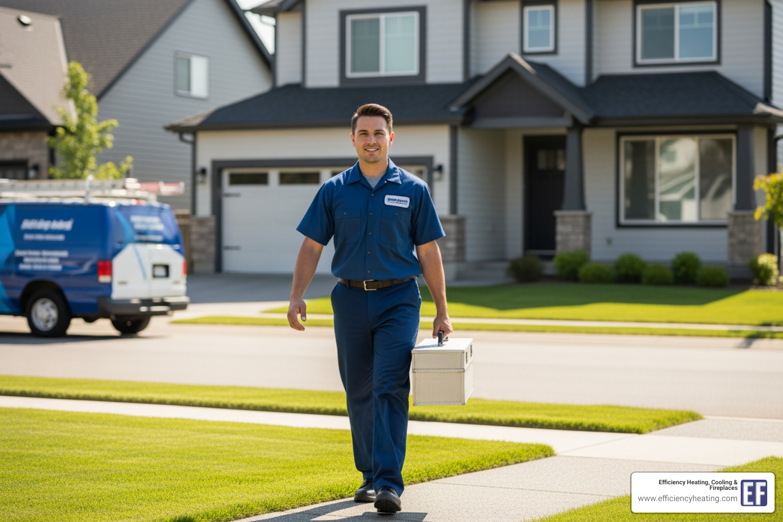 A professional HVAC technician in uniform, carrying a toolbox and arriving at a home for a service call. - fix furnace not heating warman sk A professional HVAC technician in uniform, carrying a toolbox and arriving at a home for a service call. - fix furnace not heating warman sk