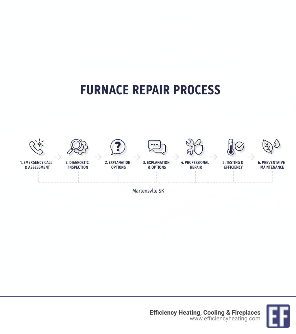 Infographic showing the furnace repair process: initial call and emergency assessment, diagnostic inspection of key components including heat exchanger and blower motor, transparent explanation of the problem and repair options, professional repair using quality parts, testing to ensure safe and efficient operation, and preventative maintenance recommendations - furnace repair martensville sk infographic Infographic showing the furnace repair process: initial call and emergency assessment, diagnostic inspection of key components including heat exchanger and blower motor, transparent explanation of the problem and repair options, professional repair using quality parts, testing to ensure safe and efficient operation, and preventative maintenance recommendations - furnace repair martensville sk infographic