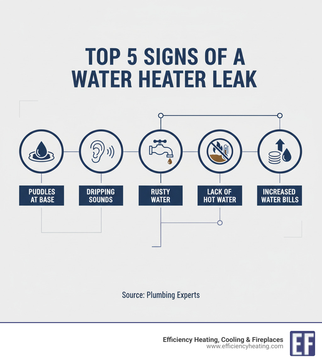 infographic showing top 5 signs of a water heater leak: puddles at base, dripping sounds, rusty water, lack of hot water, and increased water bills, with icons and brief descriptions for each sign - how to fix leaking water heater saskatoon sk infographic infographic showing top 5 signs of a water heater leak: puddles at base, dripping sounds, rusty water, lack of hot water, and increased water bills, with icons and brief descriptions for each sign - how to fix leaking water heater saskatoon sk infographic