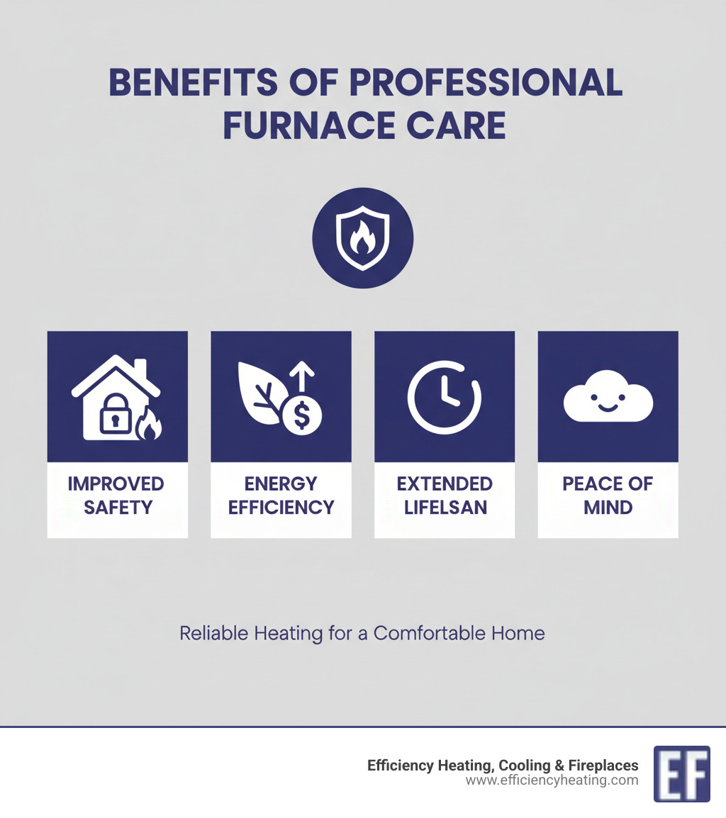 Infographic showing the benefits of professional furnace repair and maintenance, such as improved safety, energy efficiency, extended lifespan, and peace of mind - furnace repair contractors warman sk infographic 