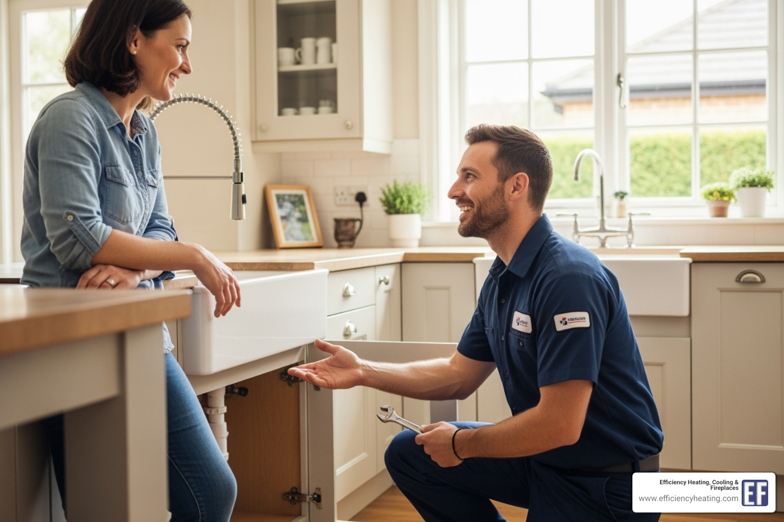 of a friendly, uniformed plumber speaking with a homeowner - best plumbing repair saskatoon sk