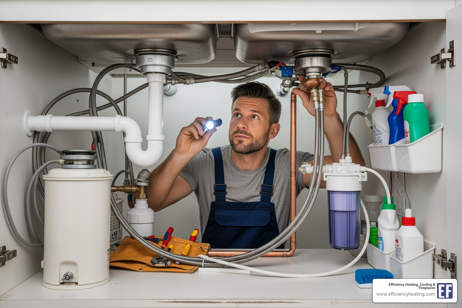 of a technician examining pipes under a sink - best plumbing repair saskatoon sk