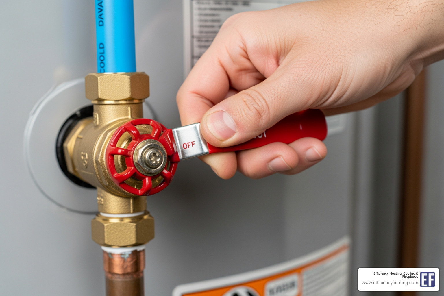 A hand turning off a water heater's cold water shut-off valve - how to fix leaking water heater martensville sk