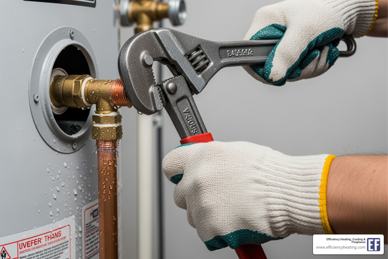 A person using a pipe wrench to tighten a connection on a water heater - how to fix leaking water heater martensville sk