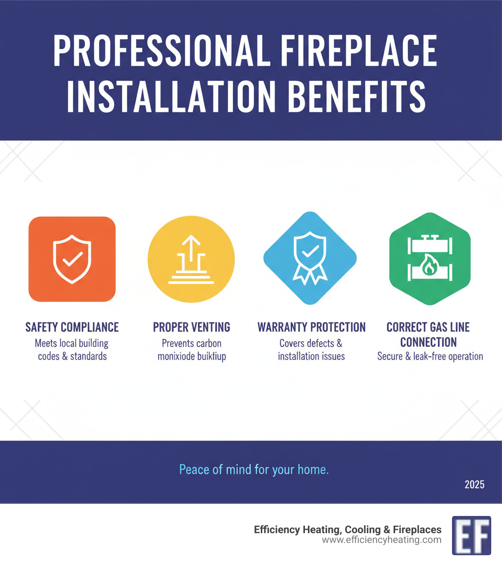 infographic showing benefits of professional fireplace installation including safety compliance, proper venting, warranty protection, and correct gas line connection - fireplace installation saskatoon sk infographic 