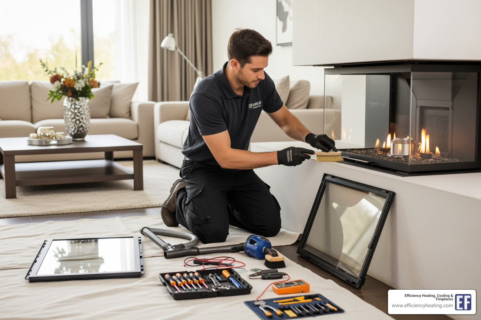 technician performing annual maintenance on a gas fireplace - fireplace installation saskatoon sk