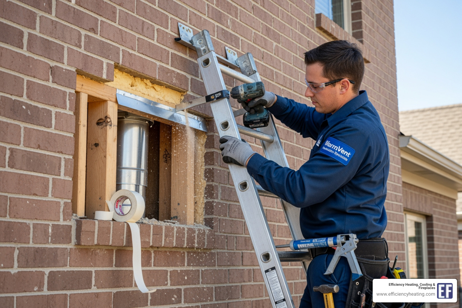 certified technician carefully installing a fireplace vent through an exterior wall - fireplace installation saskatoon sk