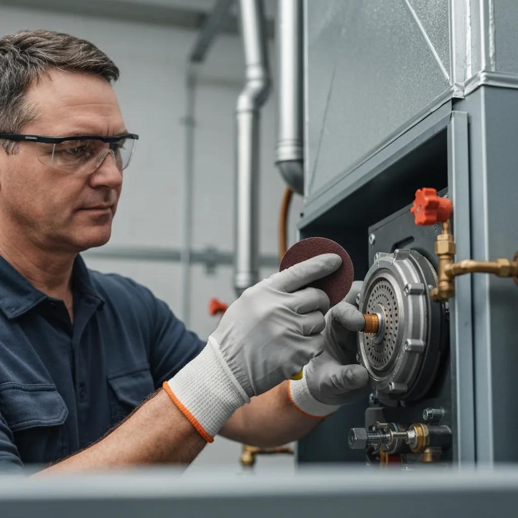 Technician cleaning a furnace flame sensor to ensure safe ignition