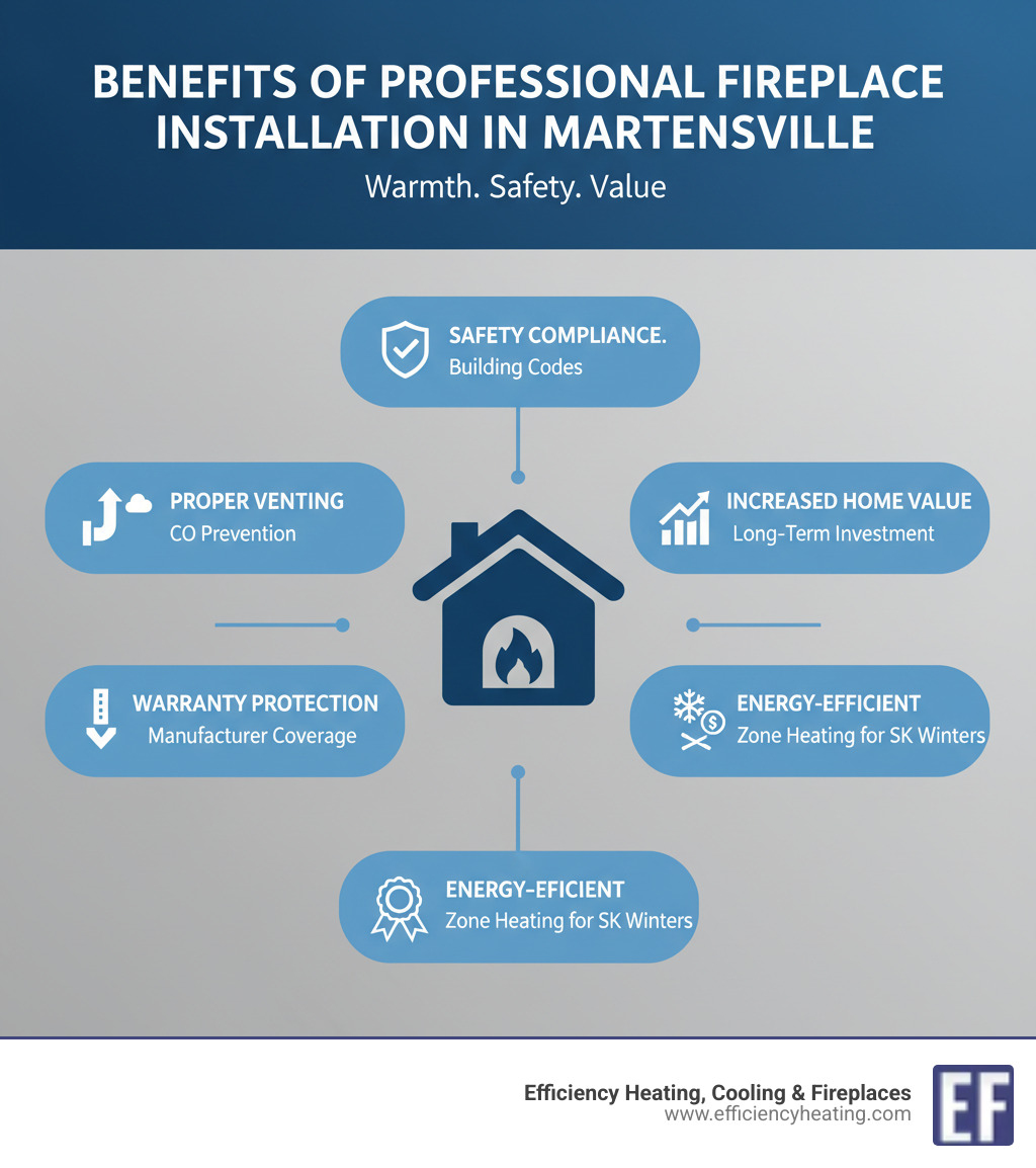Infographic showing benefits of professional fireplace installation in Martensville: safety compliance with building codes, proper venting and carbon monoxide prevention, manufacturer warranty protection, energy-efficient zone heating for Saskatchewan winters, and increased home value - fireplace installation martensville sk infographic Infographic showing benefits of professional fireplace installation in Martensville: safety compliance with building codes, proper venting and carbon monoxide prevention, manufacturer warranty protection, energy-efficient zone heating for Saskatchewan winters, and increased home value - fireplace installation martensville sk infographic