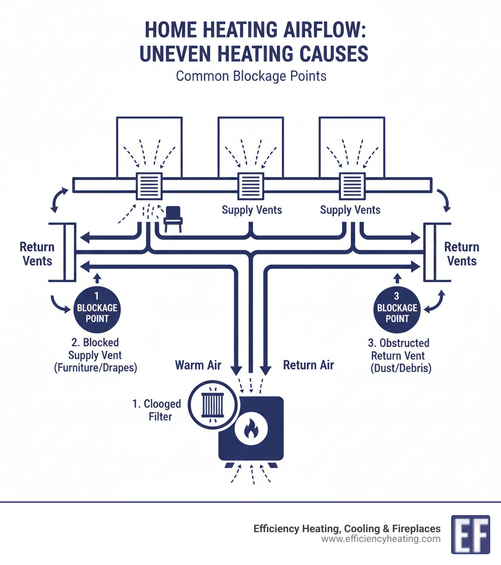 infographic showing airflow path through furnace, ductwork, vents, and return air system with common blockage points highlighted - emergency uneven heating repair dalmeny sk infographic 