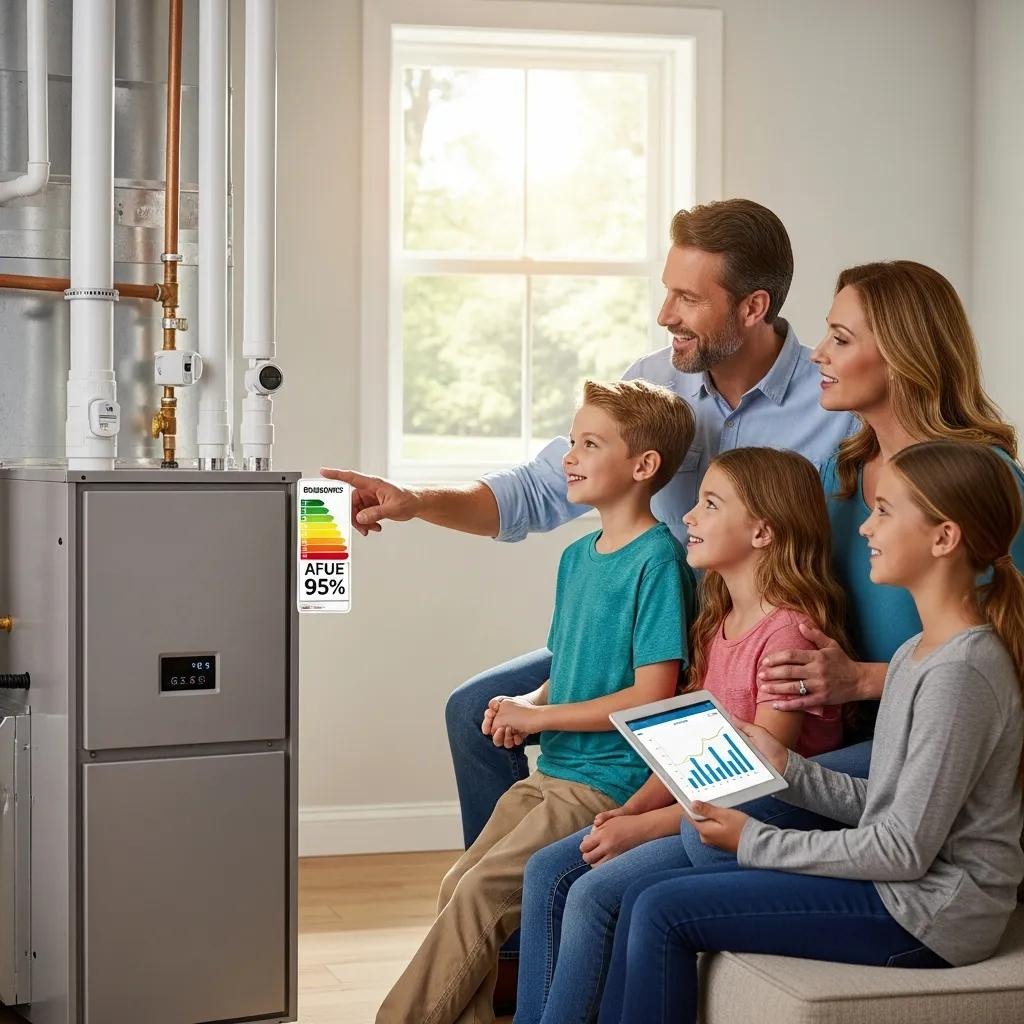 Energy-efficient HVAC system with visible efficiency rating, showcasing family discussing savings