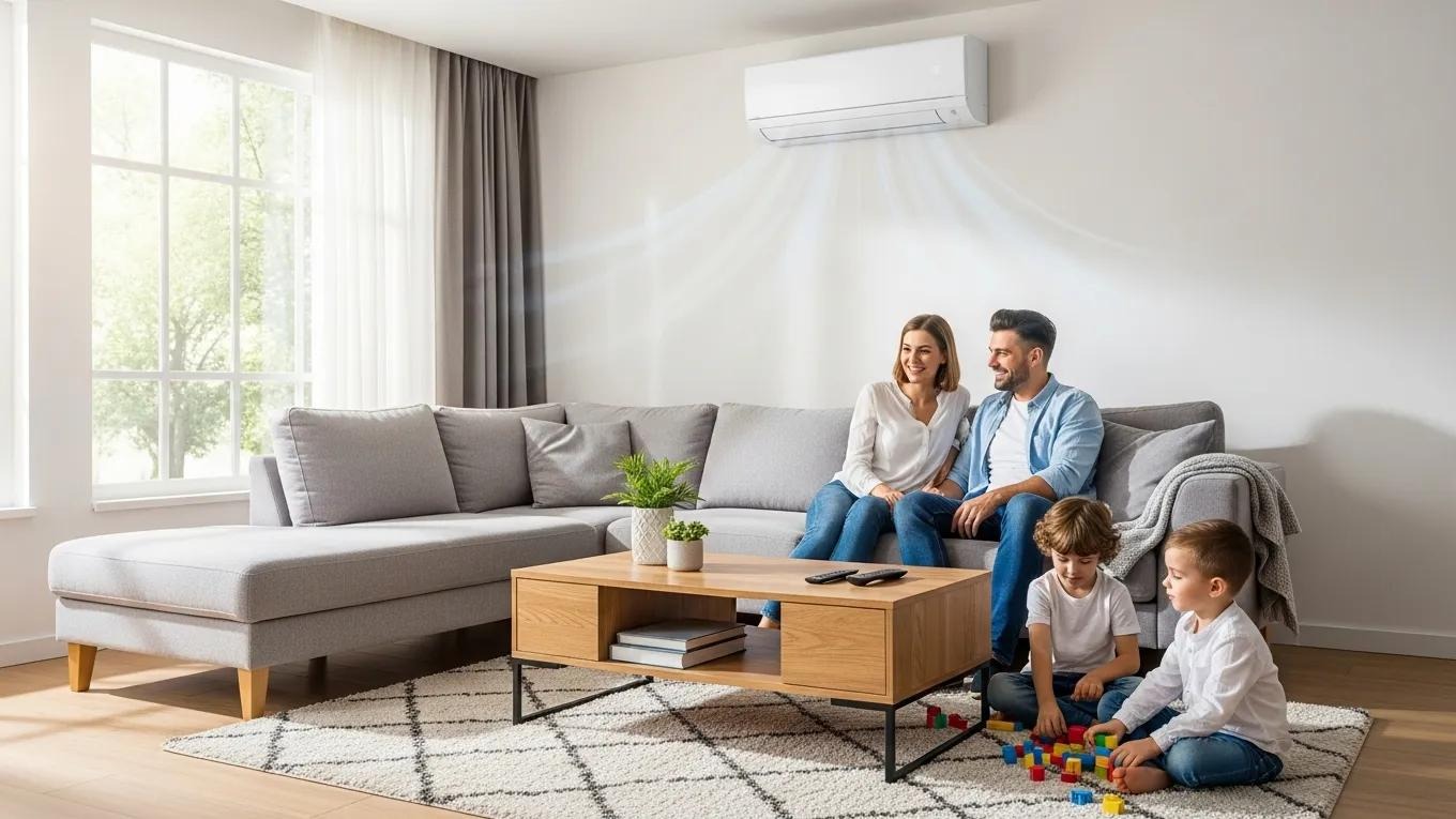 Modern living room with central air conditioning unit, showcasing comfort and efficiency