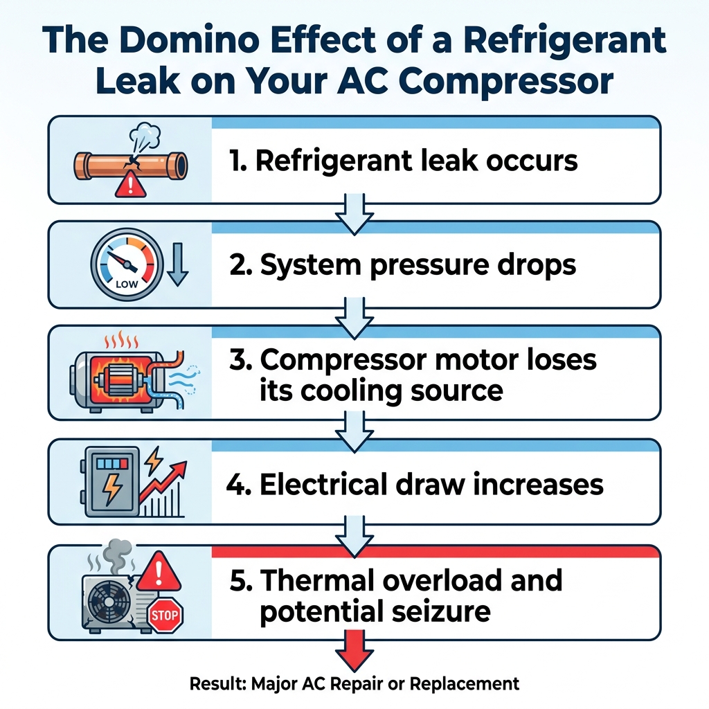 The Domino Effect of a Refrigerant Leak on Your AC Compressor