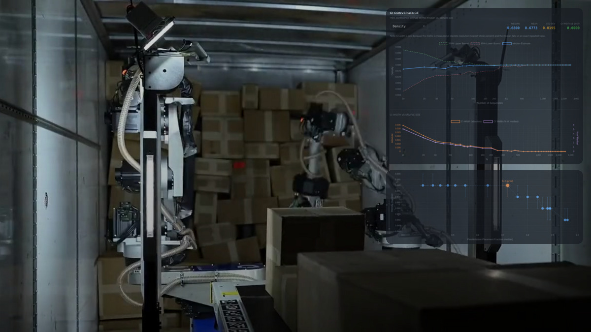 実際のロボットがトラックに荷物を積み付け、Foresightの評価ダッシュボードが重なる様子