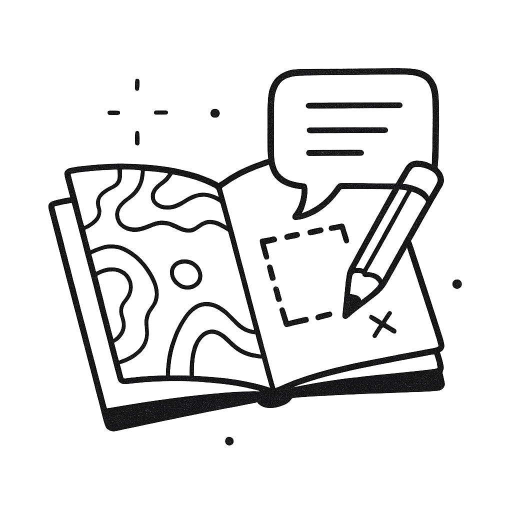 Illustration of an open planning book with a speech bubble and topographic lines, representing site analysis and planning context
