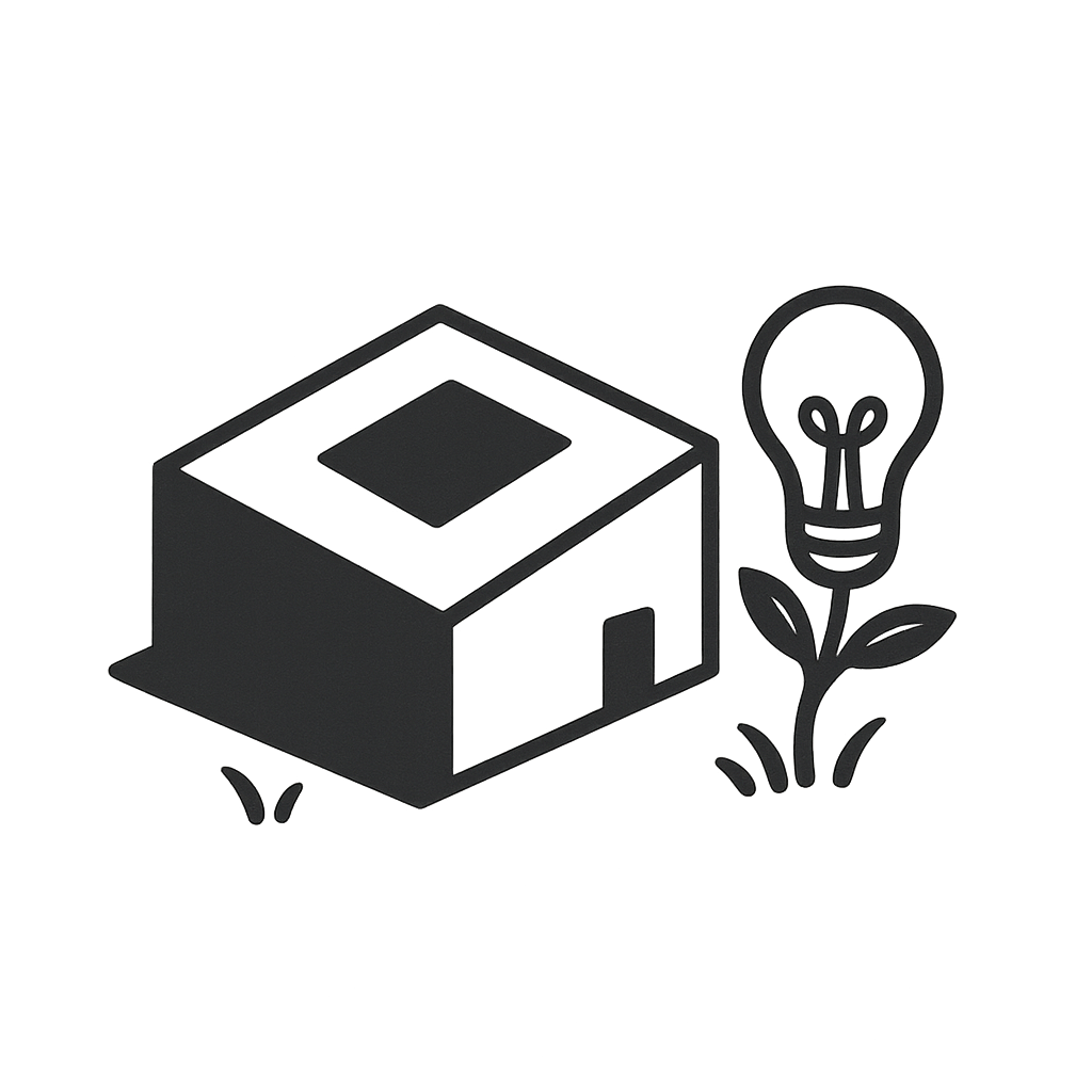 Illustration of a small architectural massing with a lightbulb sprouting beside it, symbolizing design-led development