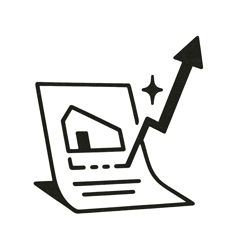 Illustration of a planning document with a rising arrow and sparkles, representing value uplift through strategic planning