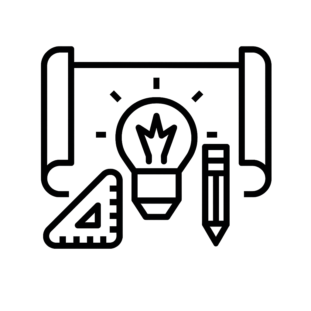 Illustration of a pencil and lightbulb over a design blueprint, representing creative and site-specific idea generation