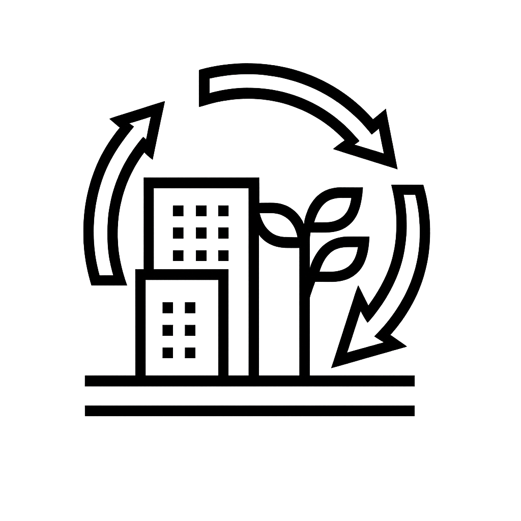 Illustration of buildings and a leaf surrounded by circular arrows, symbolizing sustainable construction and community focus