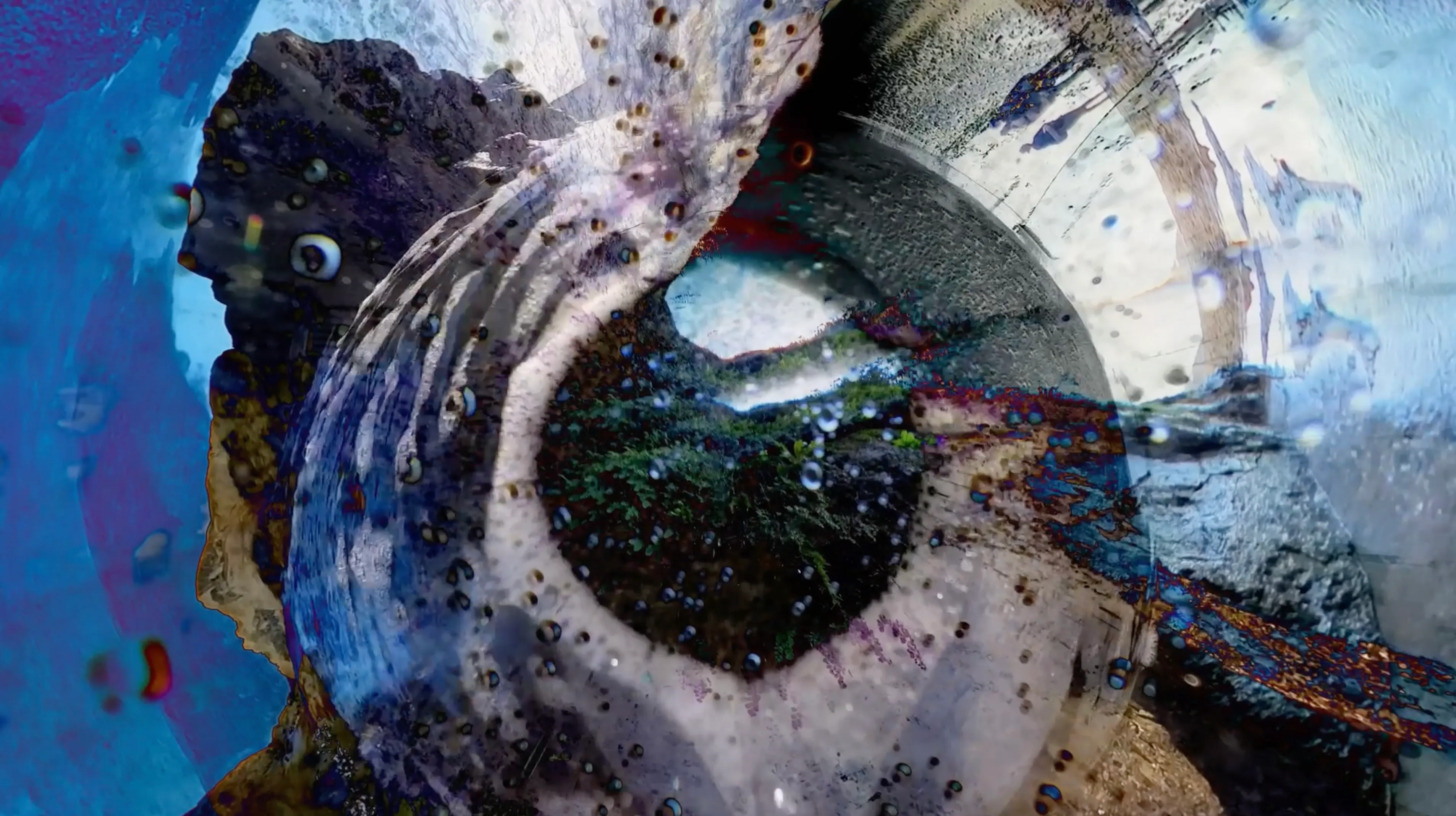 a still from an abstract film which looks like a circle of bubbles, with blues and silvers and purple abstract water shapes floating through the image