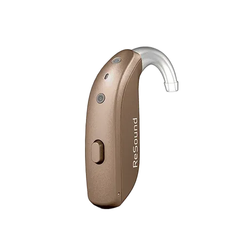 Brown ReSound behind-the-ear hearing aid with clear tube.