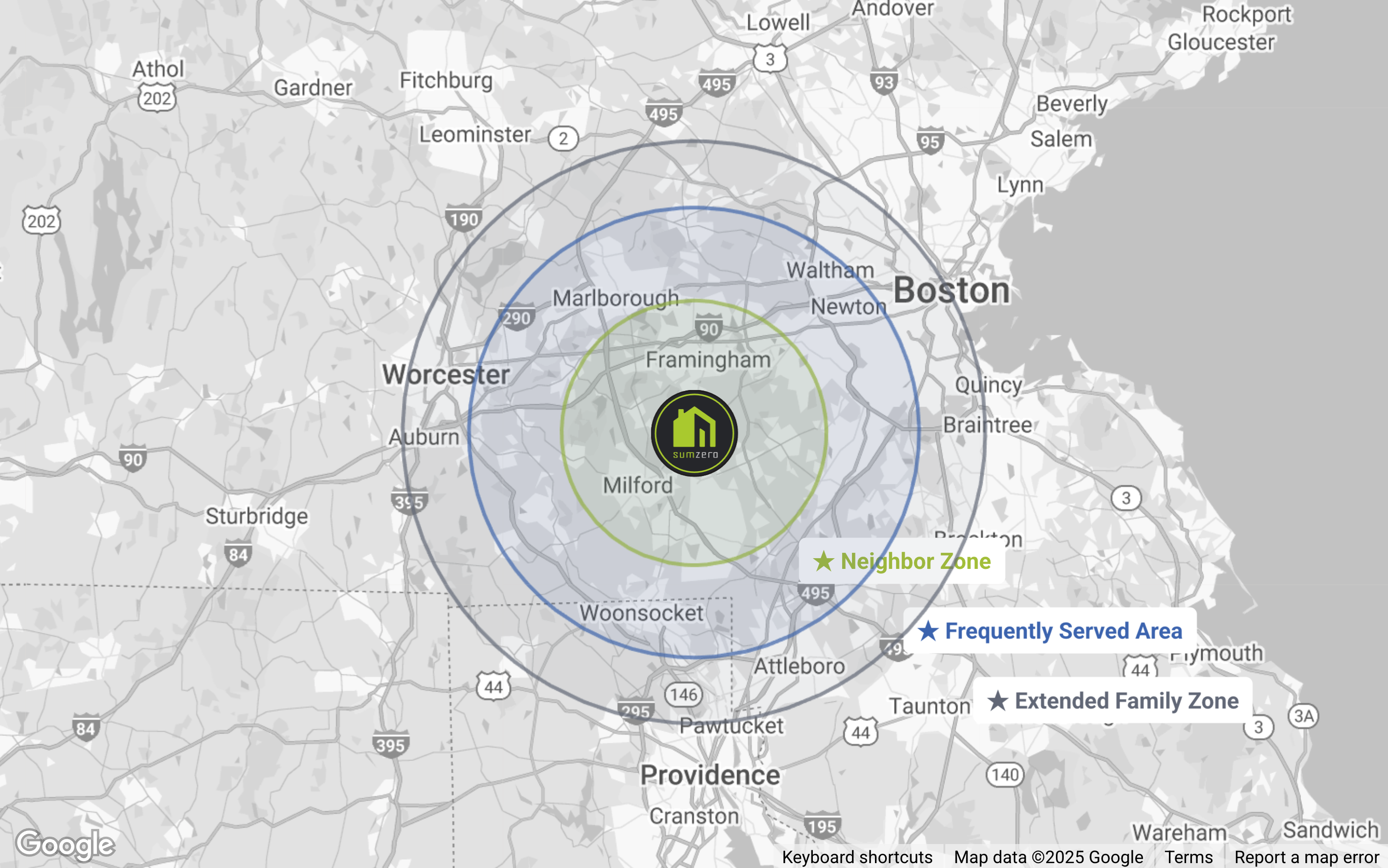 Google Map highlighting the SumZero Energy Systems service area across Massachusetts towns and cities