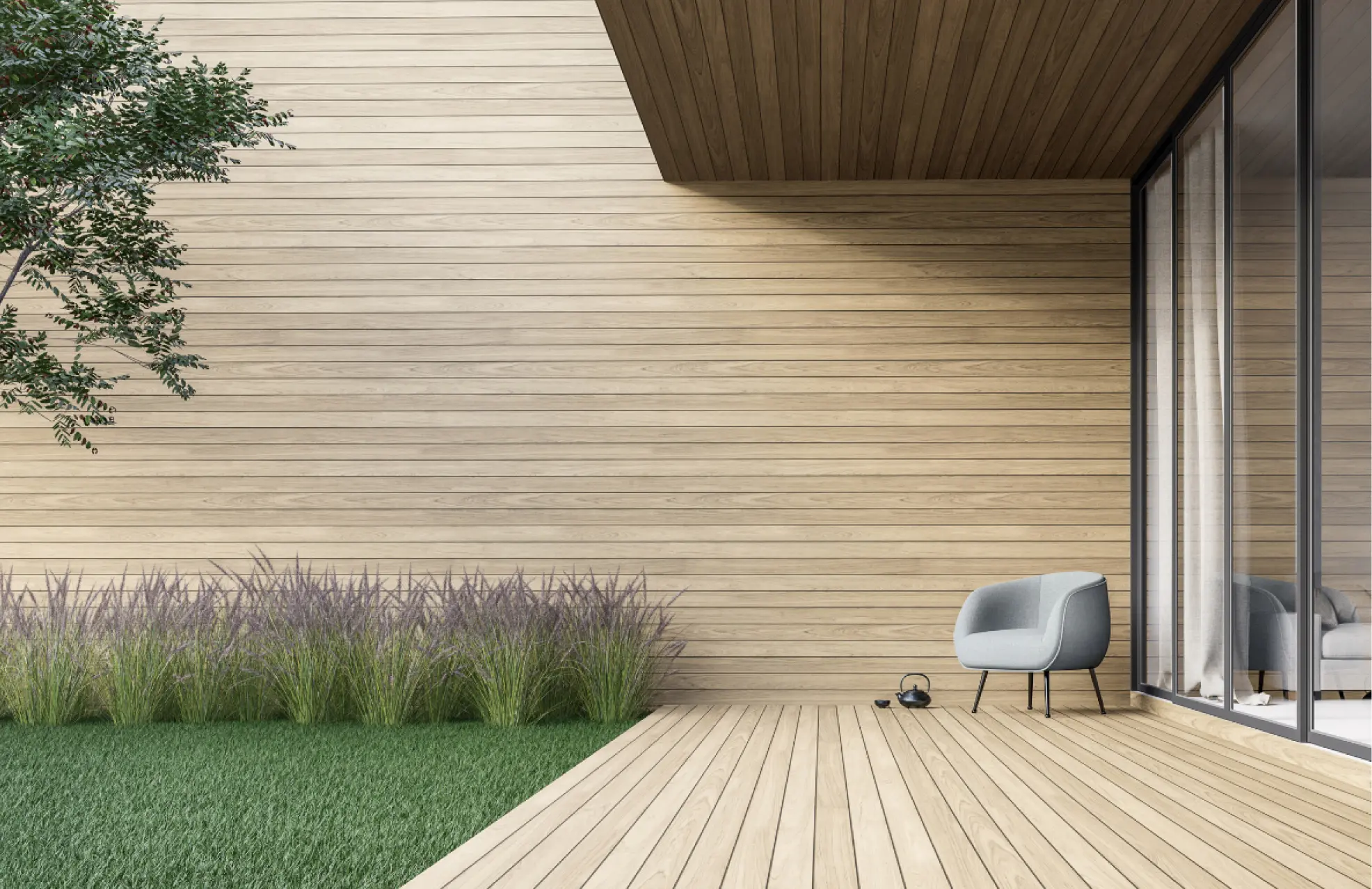 Moderne tre terrasse designet og bygget av Perfekt Hus & Hage