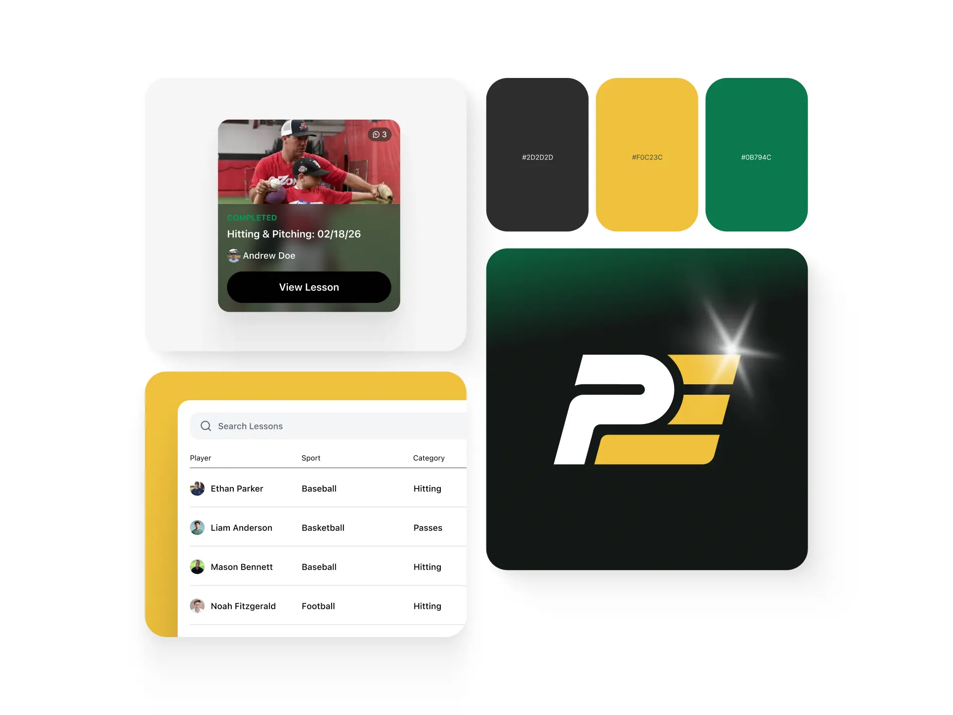User interface design featuring a lesson card with a baseball coaching photo, lesson title 'Hitting & Pitching: 02/18/26,' instructor Andrew Doe, and a 'View Lesson' button; a color palette of dark gray, yellow, and green; a search table listing players, their sports, and categories including baseball, basketball, and football; and a logo with stylized letters 'P' and 'E' with yellow stripes on a dark background.