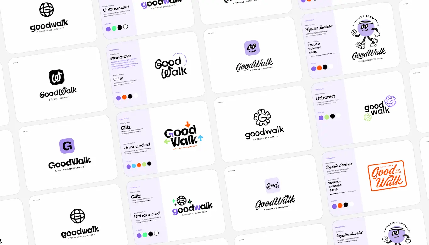 Grid of variant logo designs and typography options for 'GoodWalk, a fitness community,' featuring different fonts, color palettes primarily in black, purple, orange, and green, and icons including a globe, stylized 'G', and playful character designs.