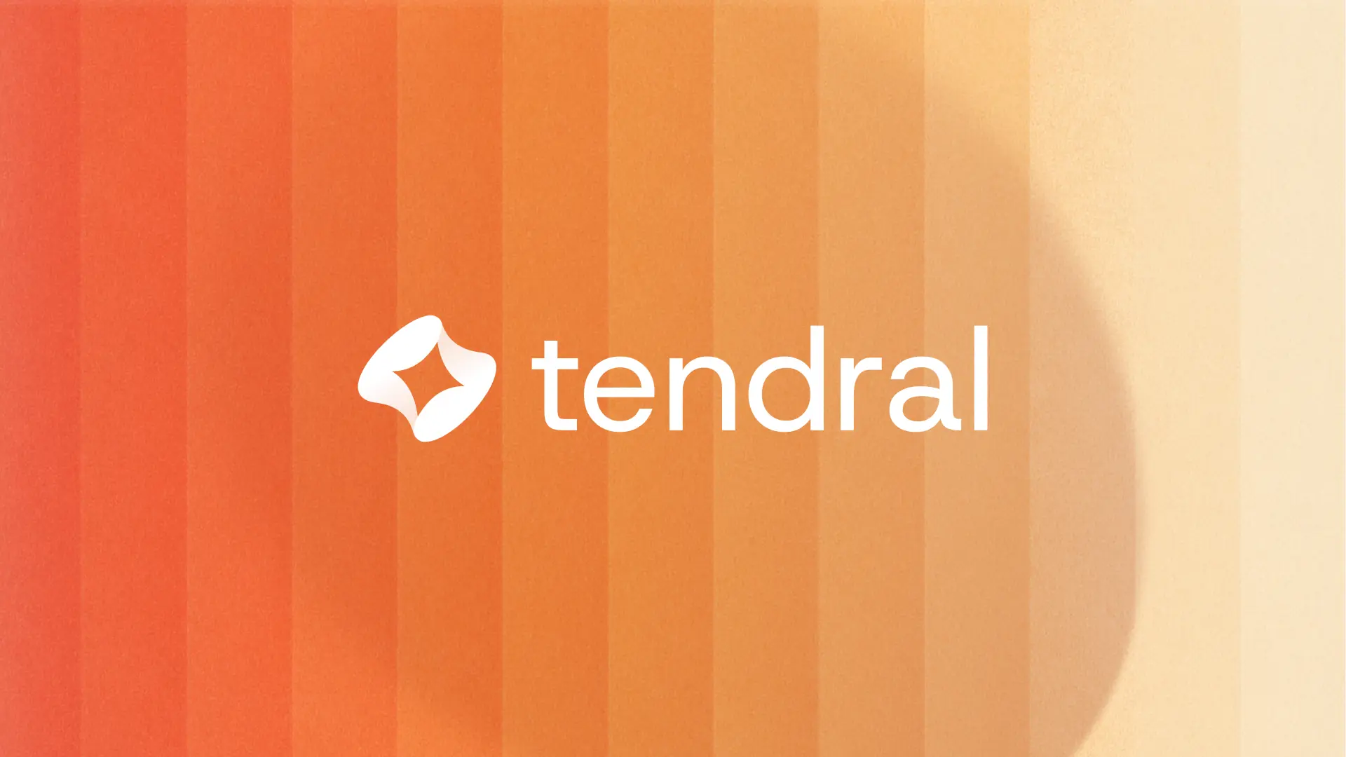 White Tendral logo with a diamond-shaped star icon to the left on an orange gradient background with vertical stripes.