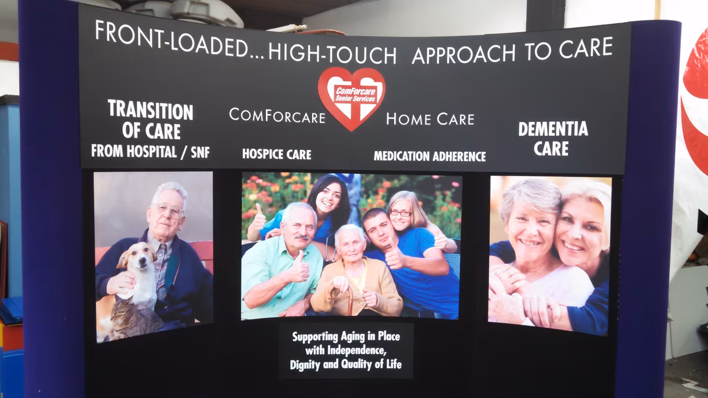 A sign with a picture of people and a dog.