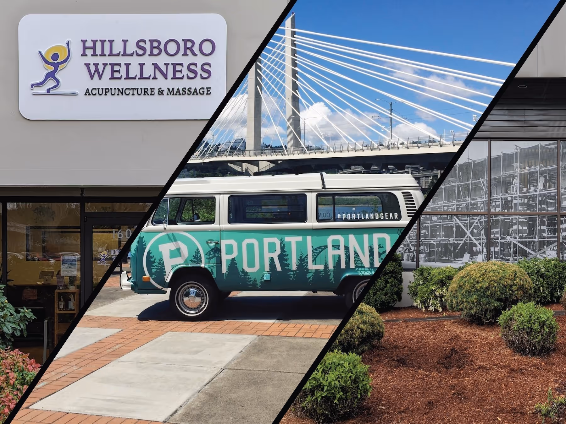 A split photo of a bus parked in front of a building.