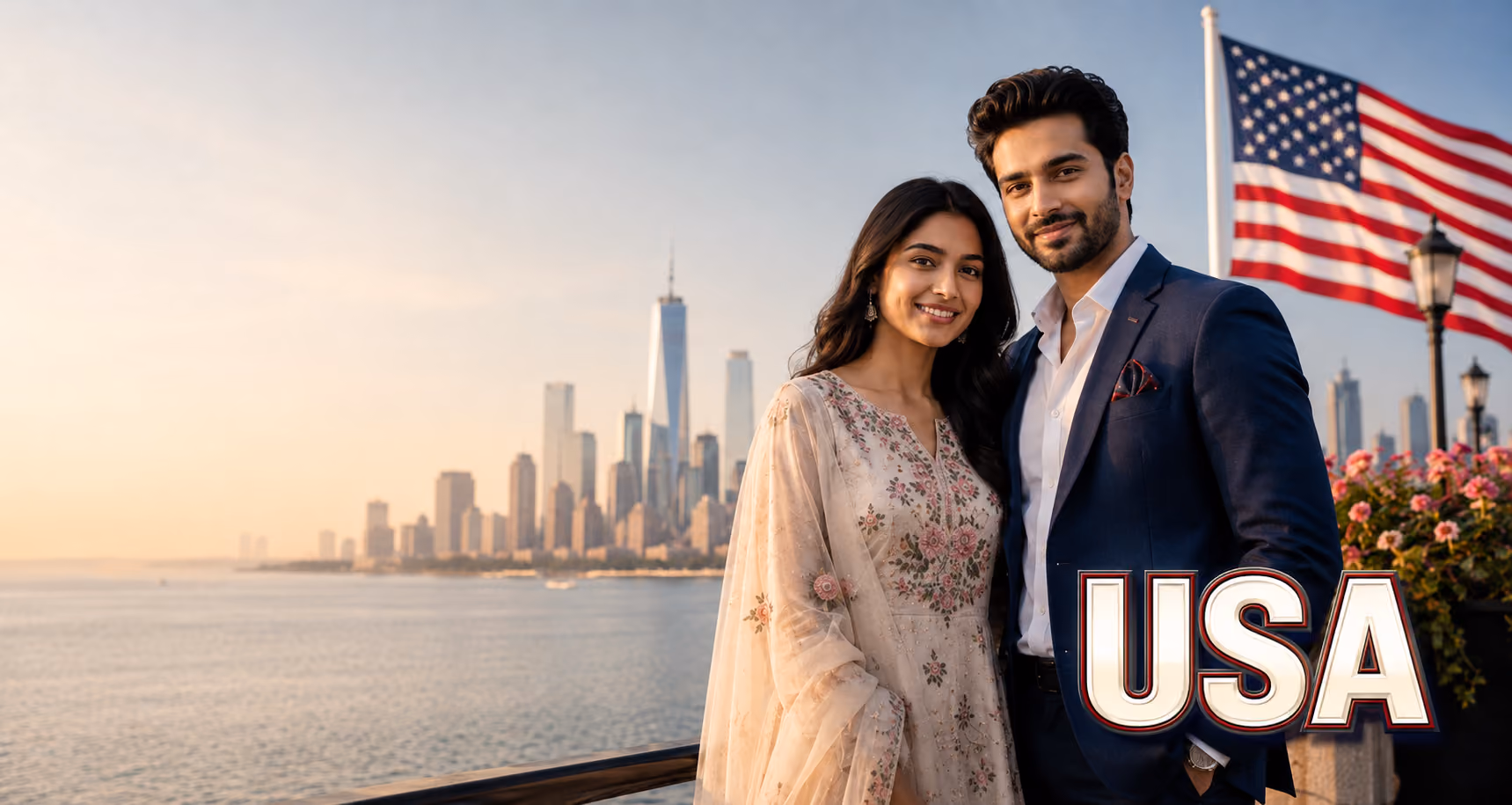 Indian couple with the New York skyline and American flag for GoForDesi Indian matchmaking in the USA