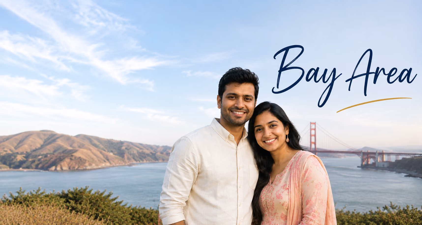 Indian couple on a hillside overlooking the Golden Gate Bridge for GoForDesi Indian matchmaking in the Bay Area