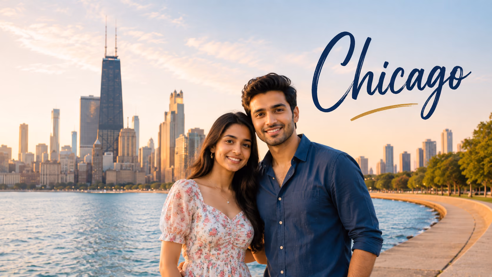 Indian couple beside Lake Michigan with the Chicago skyline for GoForDesi Indian matchmaking in Chicago
