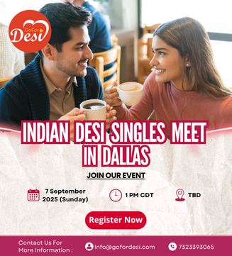 Event flyer for Indian Desi Singles Meet in Dallas – September 2025