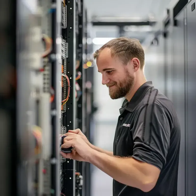 A technician solving issues at a data center