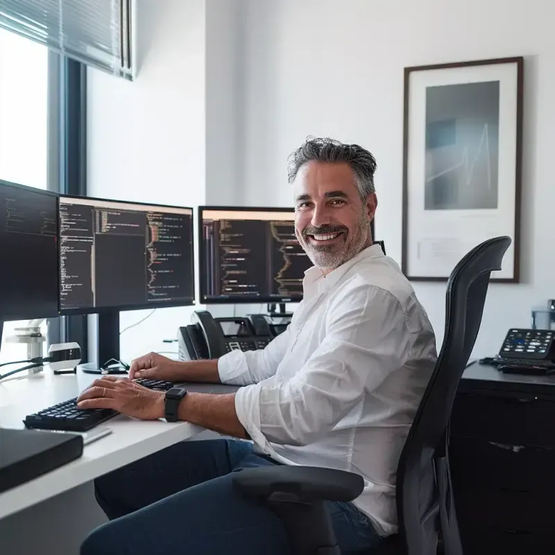 A managed IT service provider technician happily solving issues