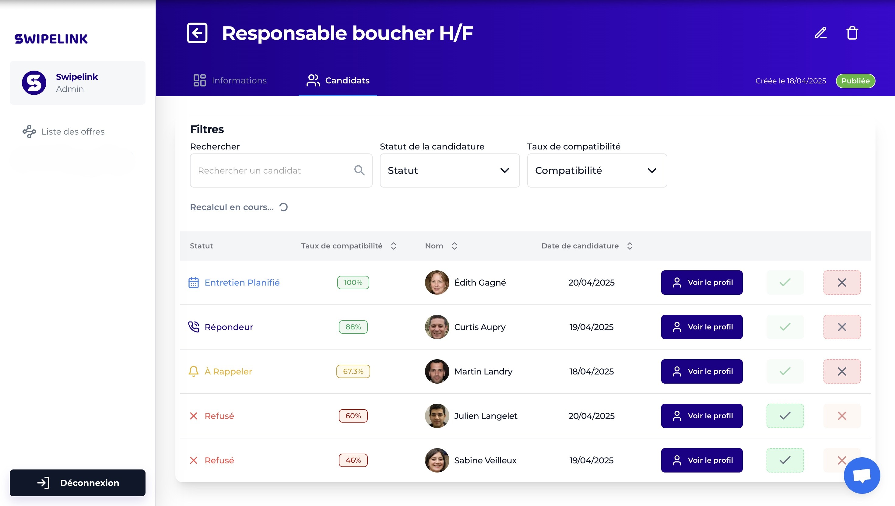 Traitement des candidats automatique du logiciel Swipelink, cabinet de recrutement digital