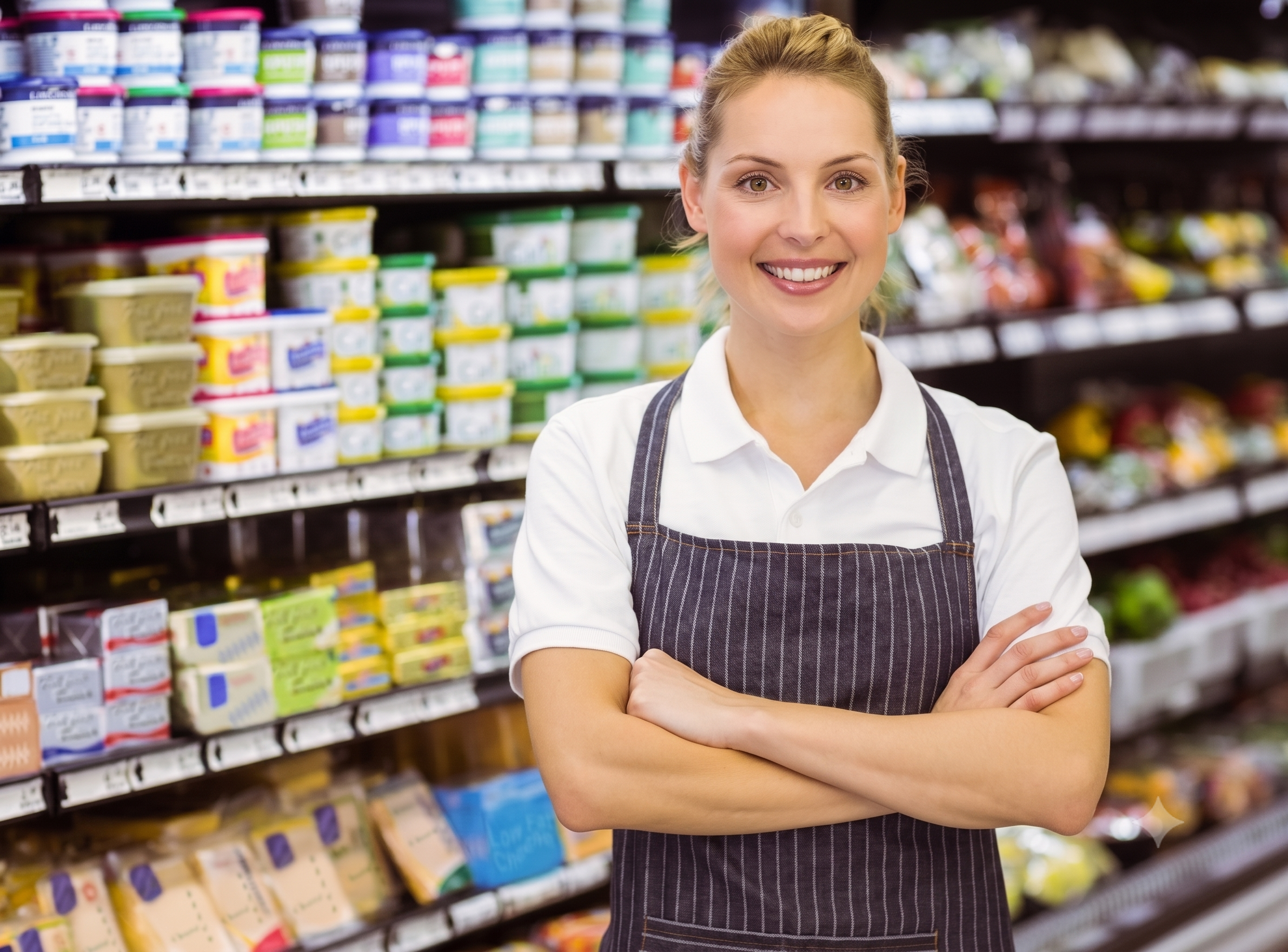 Une commerçante souriante accueille les clients dans le rayon crèmerie d'un supermarché de proximité à Paris pour l'achat de produits laitiers frais.