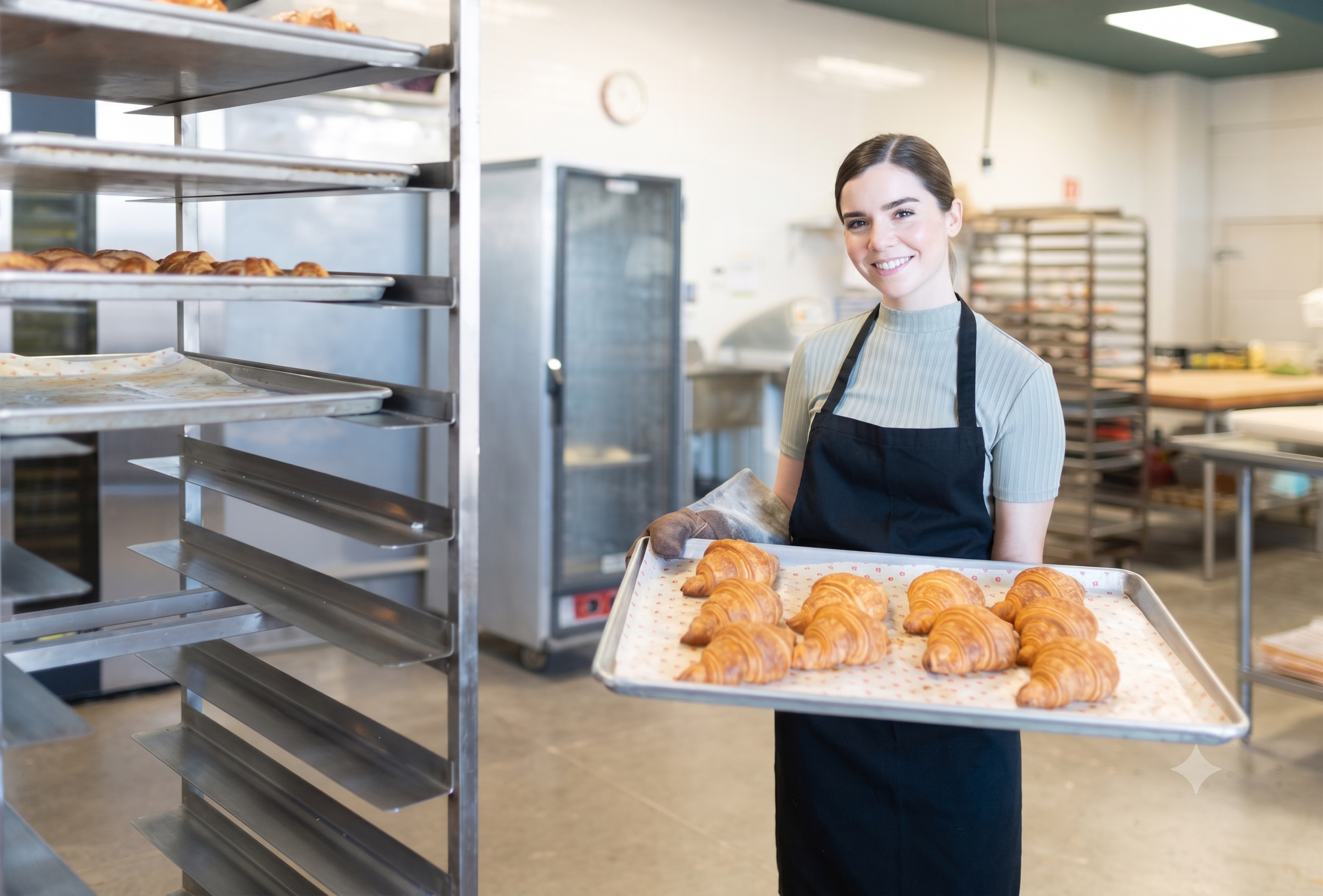 Une boulangère présentent des croissants sortis du four, exemple de métiers de bouche